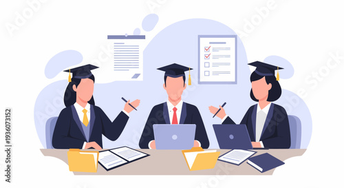 Three graduates in academic dress studying and working together.