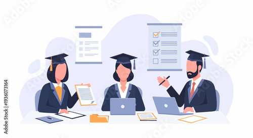 Three graduates wearing academic caps and gowns studying together at a desk.