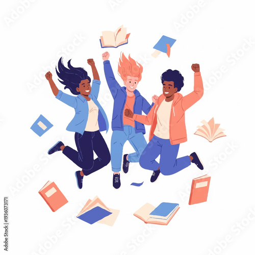 Three Diverse Students Celebrating Academic Success Together.