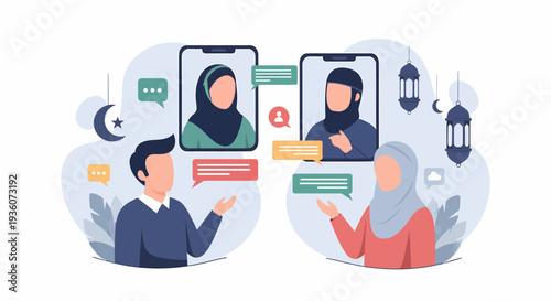 Online video conference call between Muslim women and men.