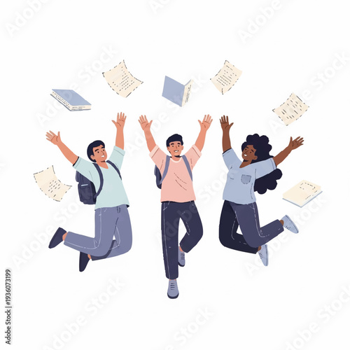 Three happy students jumping in the air with books.