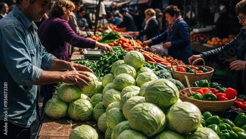 Busy open-air market with vendors and customers, showcasing fresh produce