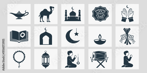 Set of Islamic culture icons including mosque, Quran, camel, prayer, and lantern symbols.