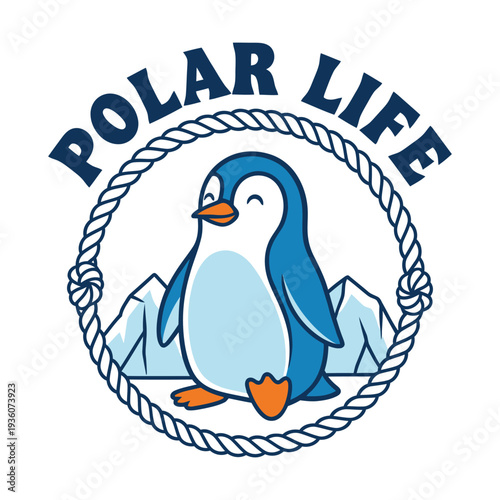 Polar life cartoon penguin standing in front of mountains tshirt design