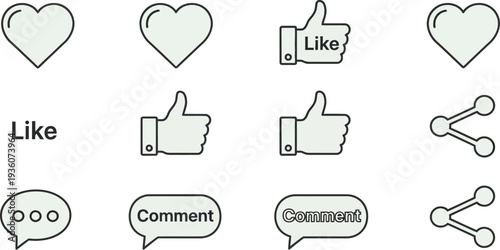 Set of social media icons including like, comment, share, and engagement symbols.