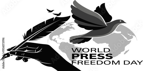 World Press Freedom Day illustration with pen bird symbolizing journalism freedom and expression rights.