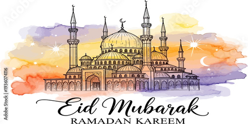 Eid Mubarak Ramadan Kareem greeting with mosque illustration and colorful watercolor skyline background.