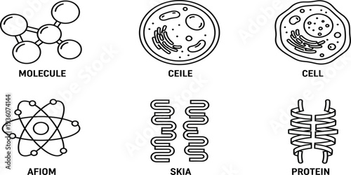 Set of science line icons including molecule, cell, atom, DNA, and protein structures.