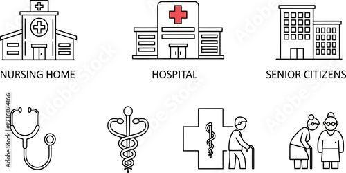 Healthcare and senior care line icons including nursing home, hospital, and medical support.