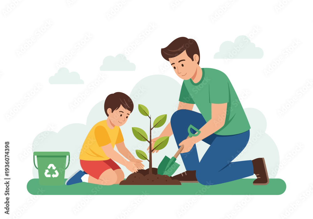 Fototapeta premium Father and Son Planting a Tree Together Outdoors.