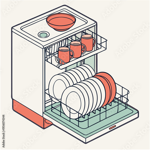 Isometric modern dishwasher with door ajar revealing clean plates, mugs, and bowl inside
