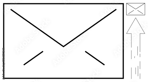 Email communication, digital messaging, data transfer, online correspondence, document sharing, postal service. Large envelope with upward arrow. Email communication and digital messaging concept