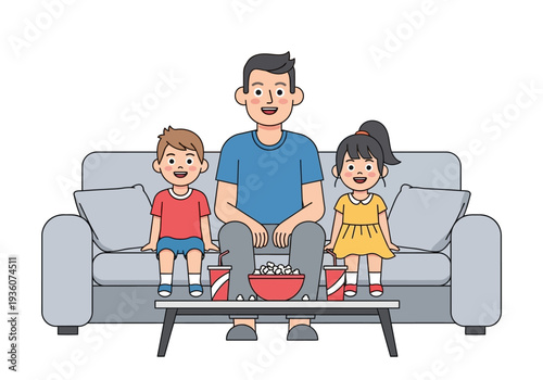 Father and two children enjoying popcorn on the couch.