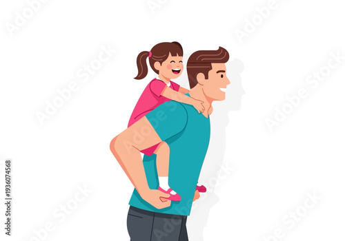Father giving daughter piggyback ride with happy expressions.