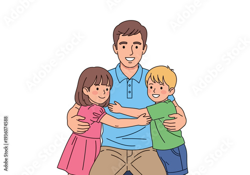 Father Hugging His Two Happy Children Close Together.