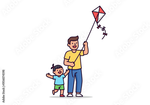 Father and Daughter Flying a Kite Together Outdoors.
