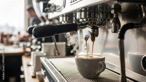 Coffee maker dispensing espresso into a cup, steam rising. Blurred cafe background