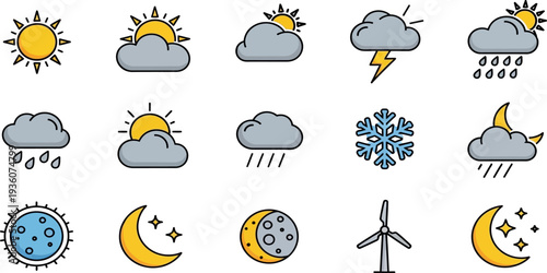 Weather and climate icon set showing sun, rain, snow, and wind