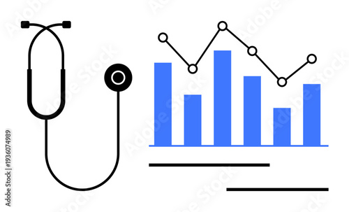 Healthcare, medical technology, data analysis, health monitoring, diagnostics, statistics . Stethoscope and a bar chart with a line graph. Healthcare and medical technology concept