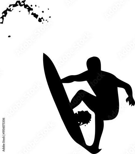 A black silhouette of a surfer riding a wave in a minimalist vector graphic design
