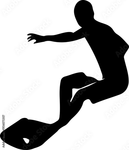 A black silhouette of a man surfing on a wave in a dynamic pose