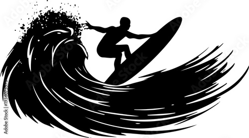 A black silhouette of a surfer riding a wave in a dynamic, brush-stroke style vector graphic