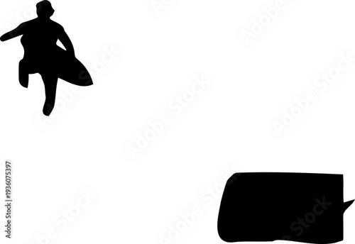 A black silhouette of a surfer jumping with a surfboard over a skateboard on a white background