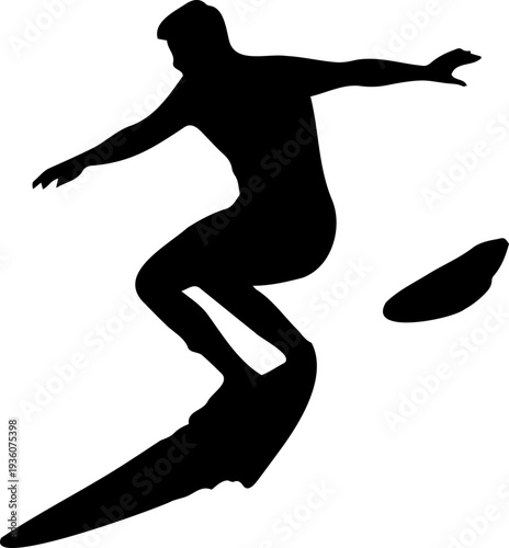 A black silhouette of a surfer riding a wave in a dynamic pose