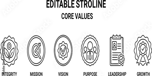 Core values icon set illustrating integrity, mission, vision, leadership, growth