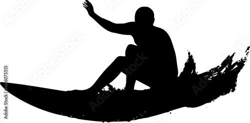 A black silhouette of a surfer riding a wave in a minimalist vector graphic design