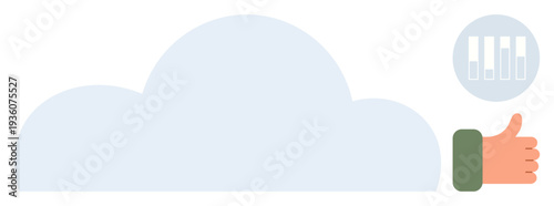 Cloud storage, data analysis, business tools, approval processes, customer satisfaction, technology integration. Large cloud with thumbs up and bar graph. Cloud storage and data analysis
