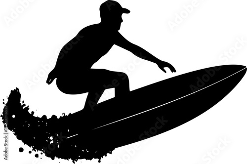 A black silhouette of a surfer riding a wave on a surfboard in a vector graphic design