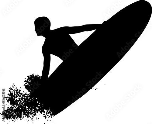 A black silhouette of a surfer riding a wave in a minimalist vector graphic design