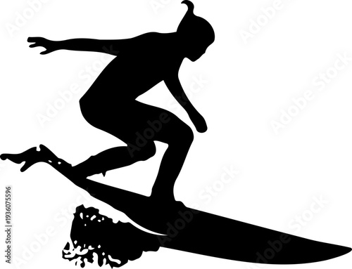 A black silhouette of a woman surfing on a wave with her hair flowing behind her