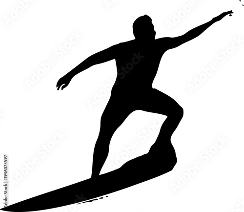 A black silhouette of a surfer riding a wave in a dynamic pose