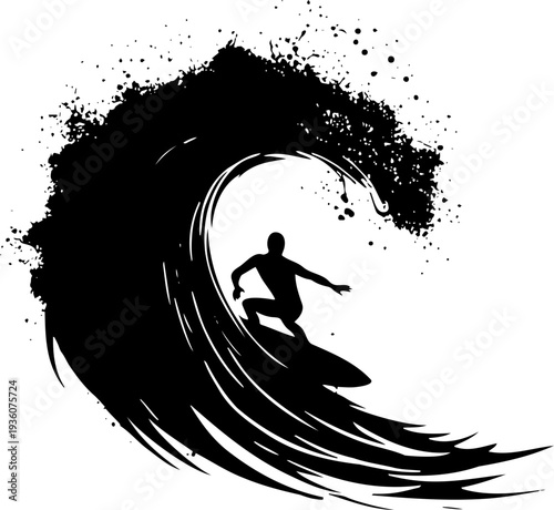 A black silhouette of a surfer riding a wave in a dynamic vector graphic design