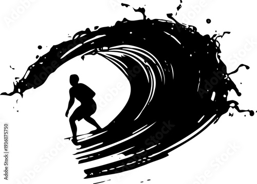 A black silhouette of a surfer riding a wave in a dynamic vector graphic design