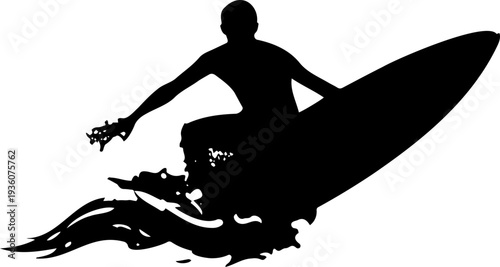 A black silhouette of a surfer riding a wave on a surfboard in a vector graphic design
