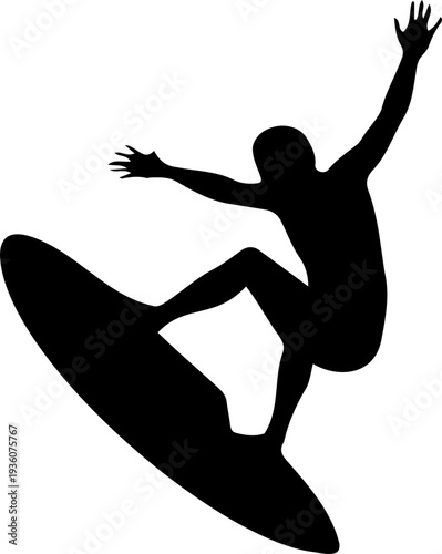 A black silhouette of a surfer riding a wave on a surfboard in a dynamic pose