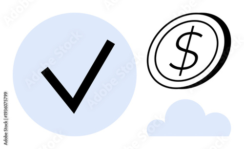 Finance, approval processes, savings, online storage, cloud technology, digital payment. Blue circle with check mark, dollar coin cloud icon. Finance and approval processes concept