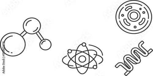 Science outline icons showing molecule, cell, atom, and DNA structure