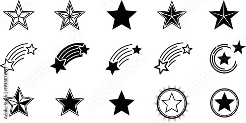 Star and shooting star outline icon set with celestial symbols