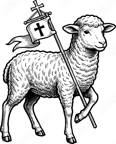 Engraved Lamb of God Agnus Dei holding cross banner, Paschal Lamb Christian symbol for religious blogs, spiritual websites, Easter education, church content, and faith awareness