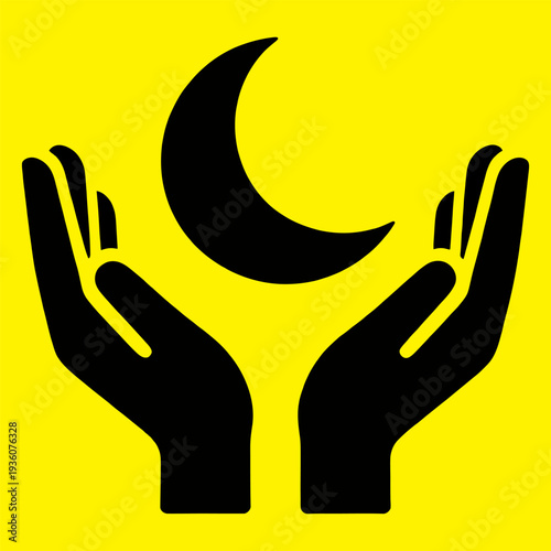 Hands Holding Crescent Moon Symbol on Yellow
