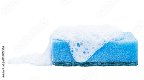 Blue dishwashing sponge accumulating thick white soap suds and bubbles, representing household cleaning, hygiene, and daily chores on transparent background