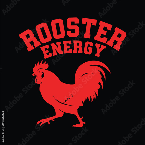Rooster Energy logo with a red rooster on a black background tshirt design
