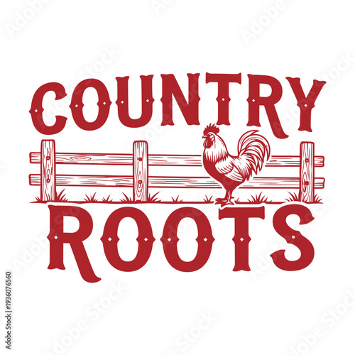 Country roots logo with rooster and fence tshirt design