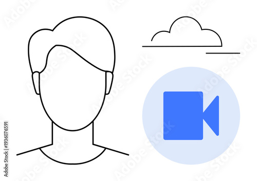 Digital communication, online identity, video conferencing, cloud computing, internet technology, virtual meetings. A face outline next to cloud and video camera icons. Digital communication