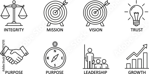 Business concept icons illustrating integrity, mission, vision, trust, leadership, growth