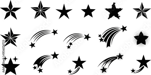 Star and shooting star outline icon set with celestial symbols
